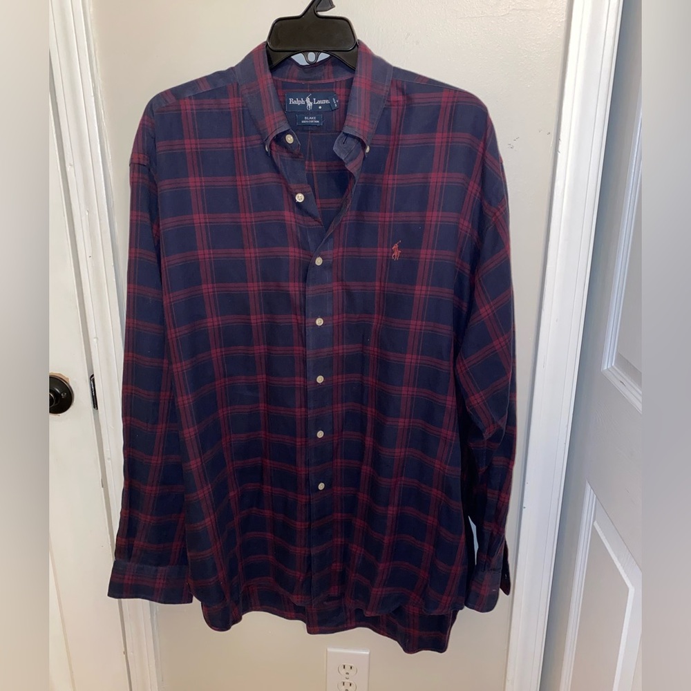 Ralph Lauren Men's Plaid Shirt in Dark Blue and Red 100% cotton